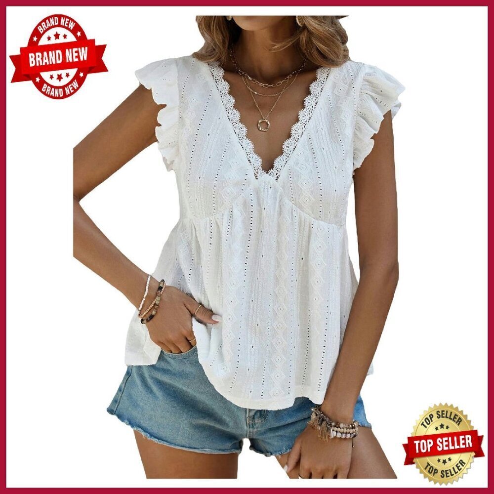 Lace V-Neck Ruffle Sleeve Flared Eyelet Tank Blouse Top Size S